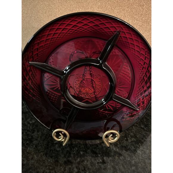Vintage Royal Ruby Red Luminarc‎ France Divided Relish Dish Etched Pattern 10" - Picture 3 of 7